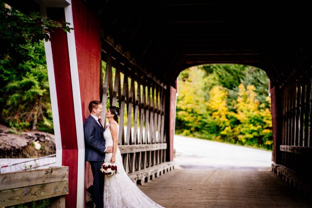 Stratton Mountain Resort Wedding Photos Bride and Groom Covered Bridge