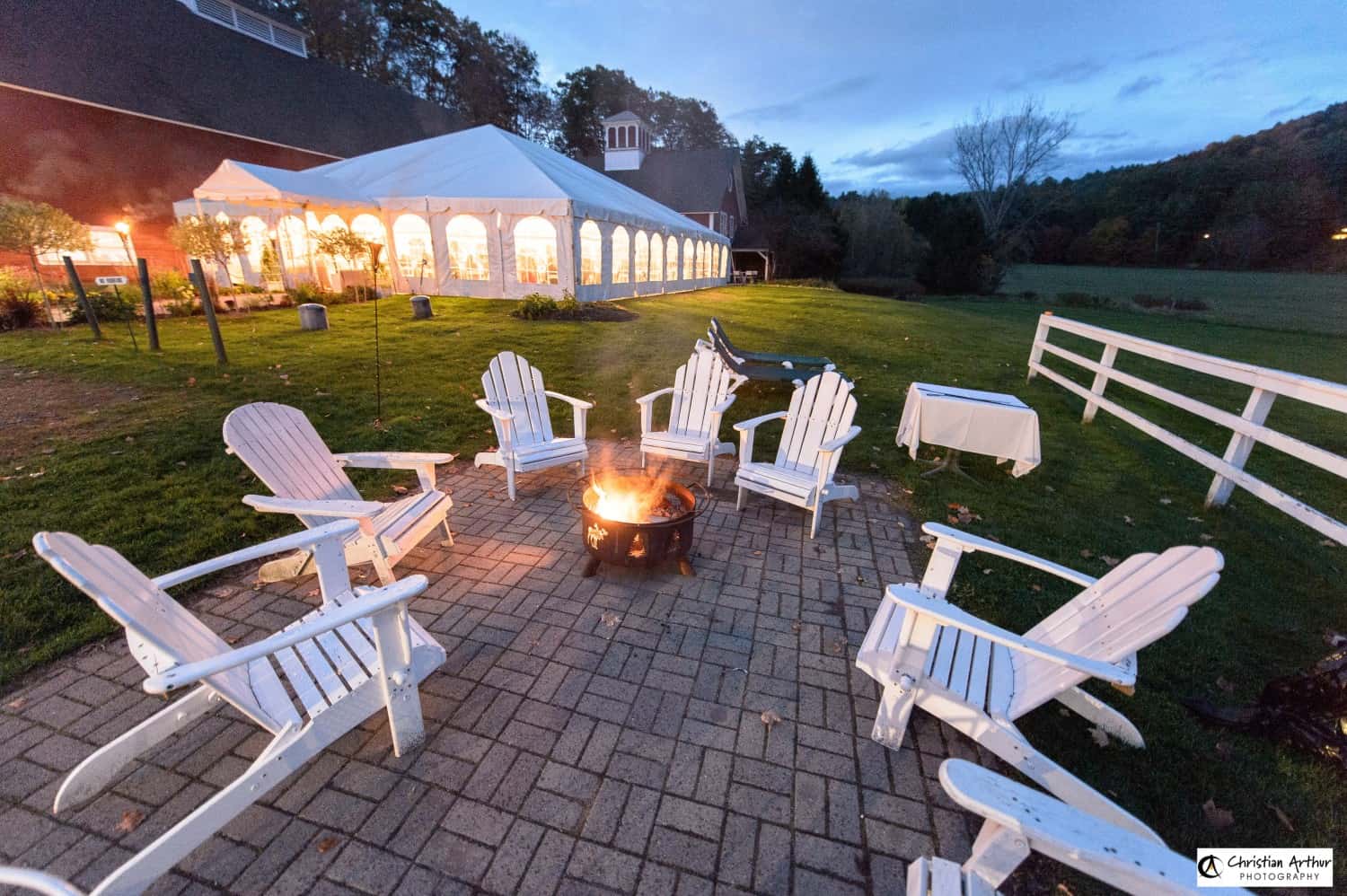 Quechee Inn at Marshland Farm - Outdoor Event Tent and Adirondak Chairs with Fire Pit