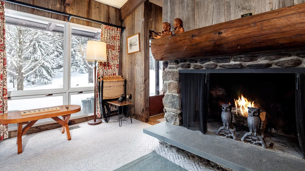 A Walk to Toll Road Ski Lift or A 3 Minute Drive to Ski Resort Fireplace with View to Snow Outside