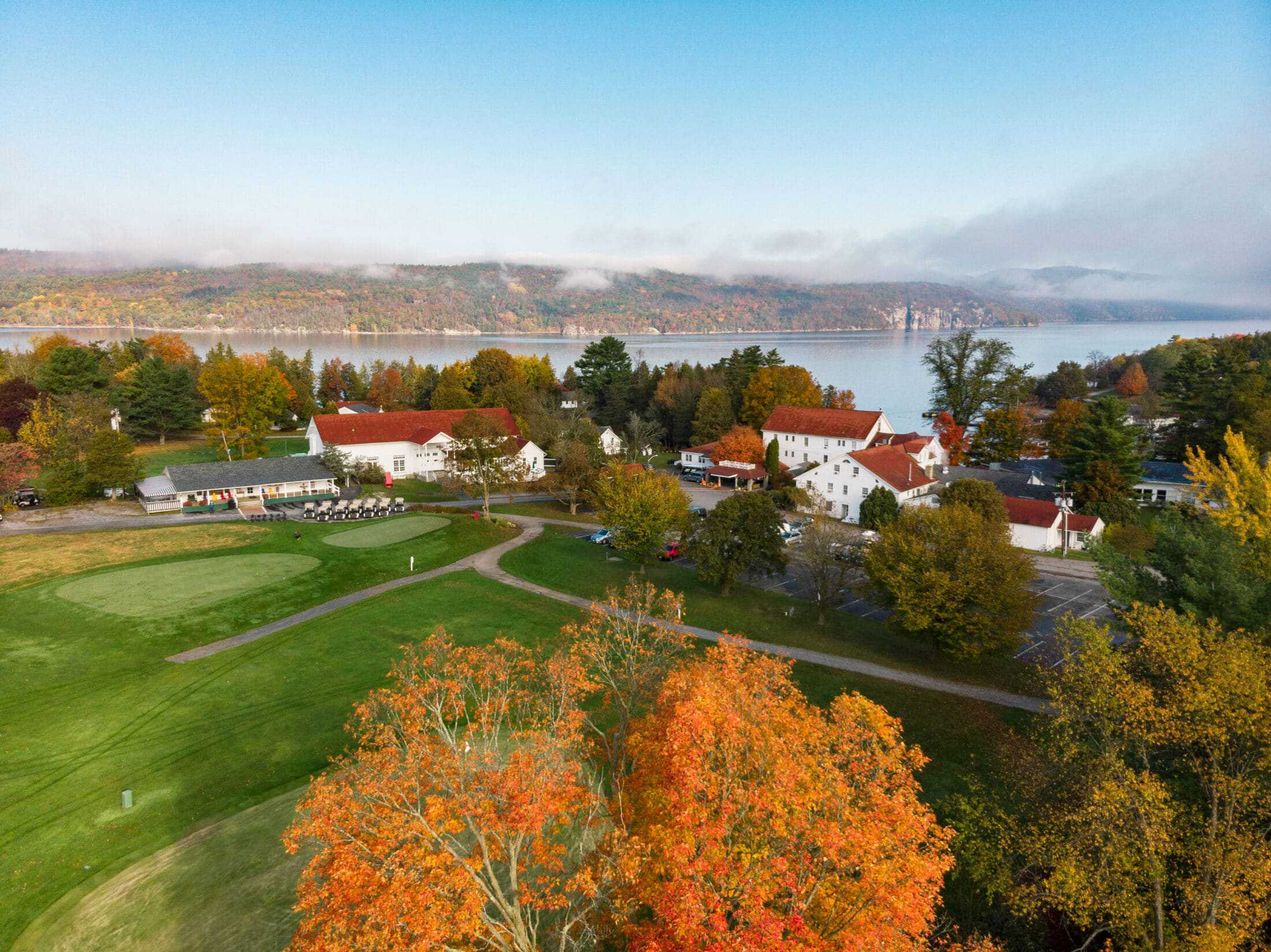 Basin Harbor Arial Drone Fall Foliage Golf Lake Champlain