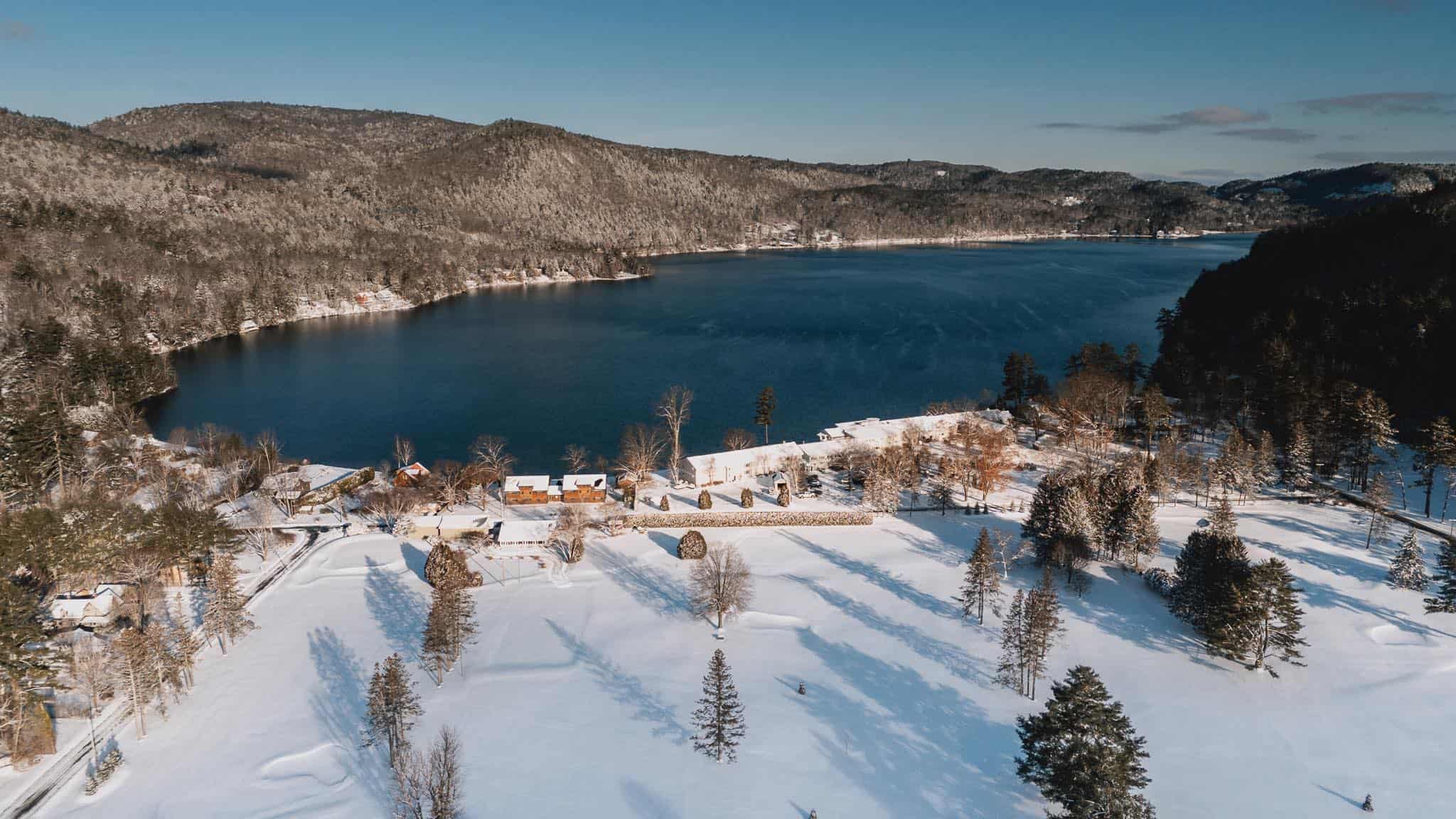 Lake Morey Winter Aerial in Snow